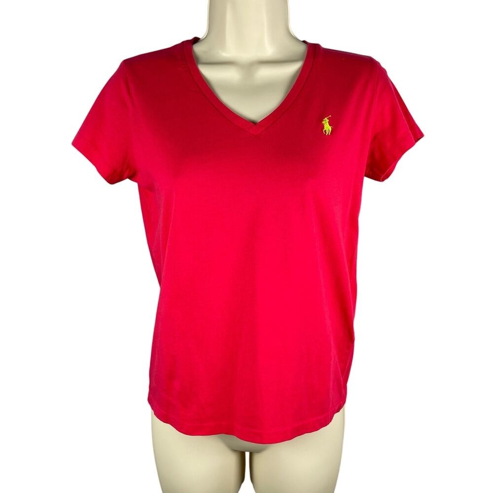 Ralph Lauren T-shirt Womens Small Bright Pink Lime Green‎ Pony Y2K V-neck Preppy